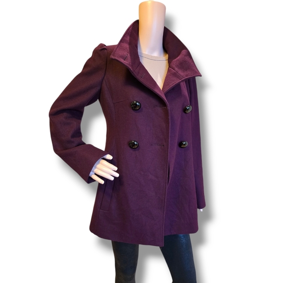 M. JULIAN Women's Wined Red Wool Blend Double Breasted Pea Coat - Picture 3 of 16